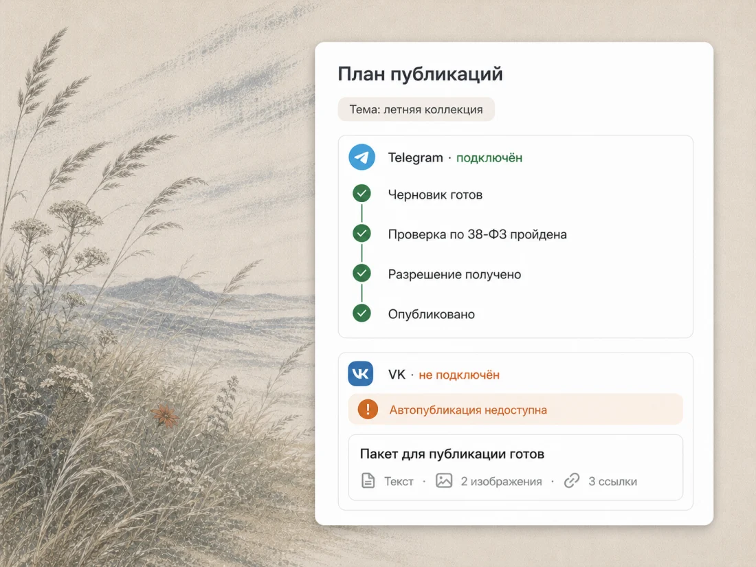 План публикаций по теме «летняя коллекция». В подключённом Telegram черновик готов, проверка по 38-ФЗ пройдена, разрешение получено, пост опубликован. VK не подключён, поэтому автопубликация недоступна — вместо неё собран пакет: текст, два изображения и три ссылки.