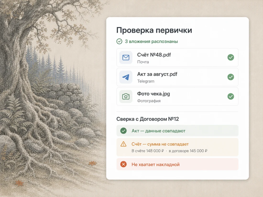 Проверка первички: распознаны три вложения — счёт из почты, акт из Telegram и фотография чека. При сверке с договором №12 акт сошёлся, сумма счёта разошлась (148 000 ₽ против 145 000 ₽ в договоре), накладной не хватает вовсе.
