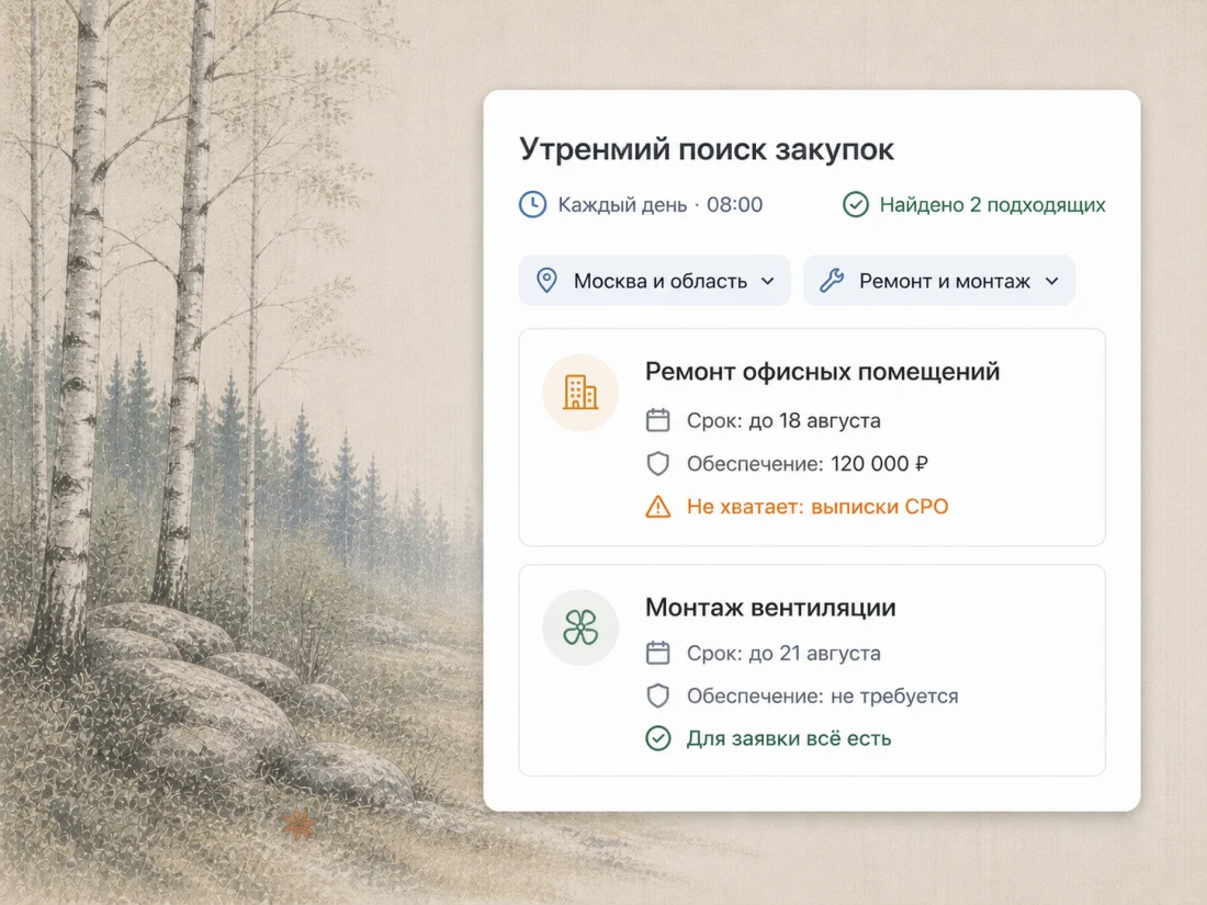 Поиск закупок каждый день в 8 утра по фильтрам «Москва и область» и «ремонт и монтаж». Найдено две подходящих: ремонт офисных помещений до 18 августа с обеспечением 120 000 ₽ — не хватает выписки СРО; монтаж вентиляции до 21 августа без обеспечения — для заявки всё есть.