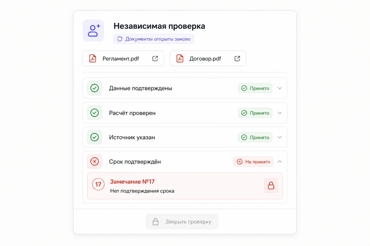 Проверяющий заново открыл регламент и договор и поставил решение к каждому пункту: данные подтверждены, расчёт проверен, источник указан — принято, срок не подтверждён — не принято. Незакрытое замечание получило номер, и проверку нельзя закрыть, пока оно висит.